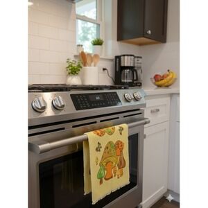 VTG 70s Mushroom Butterfly Kitchen Hand Towel Yellow Fringed Kitsch Boho